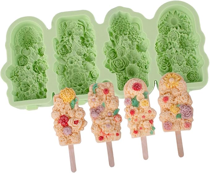 Green Silicone Flower Shape Ice Cream Mold 4 Cavity Popsicle Maker Baking Tool - Image 1
