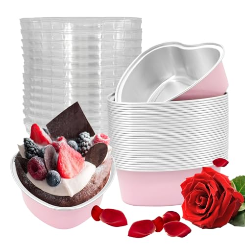 EQUNROY 30 Pcs Heart Shaped Cake Pans with Lids, Mini Pink Aluminum Foil Baking Tins 3.4 Oz, Disposable Cupcake Containers for Valentine's Day, Mother's Day, Wedding, Party (100ml/3.4OZ) - Image 1