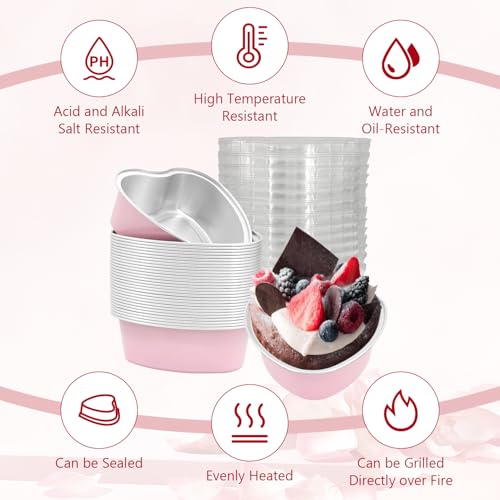 EQUNROY 30 Pcs Heart Shaped Cake Pans with Lids, Mini Pink Aluminum Foil Baking Tins 3.4 Oz, Disposable Cupcake Containers for Valentine's Day, Mother's Day, Wedding, Party (100ml/3.4OZ) - Image 4