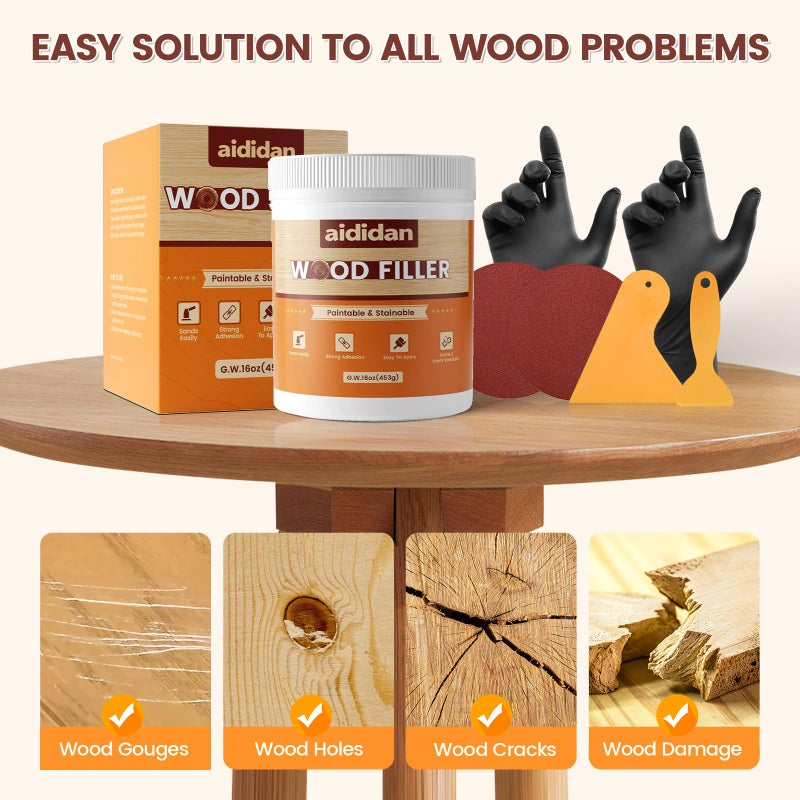 aididan Wood Filler, Wood Repair Kit, 16 Ounce Paintable & Stainable Wood Putty Filler, Wood Scratch Cracks Holes Repair Furniture, Exterior Wood Filler Water Resistant, Wood Putty (White) - Image 3