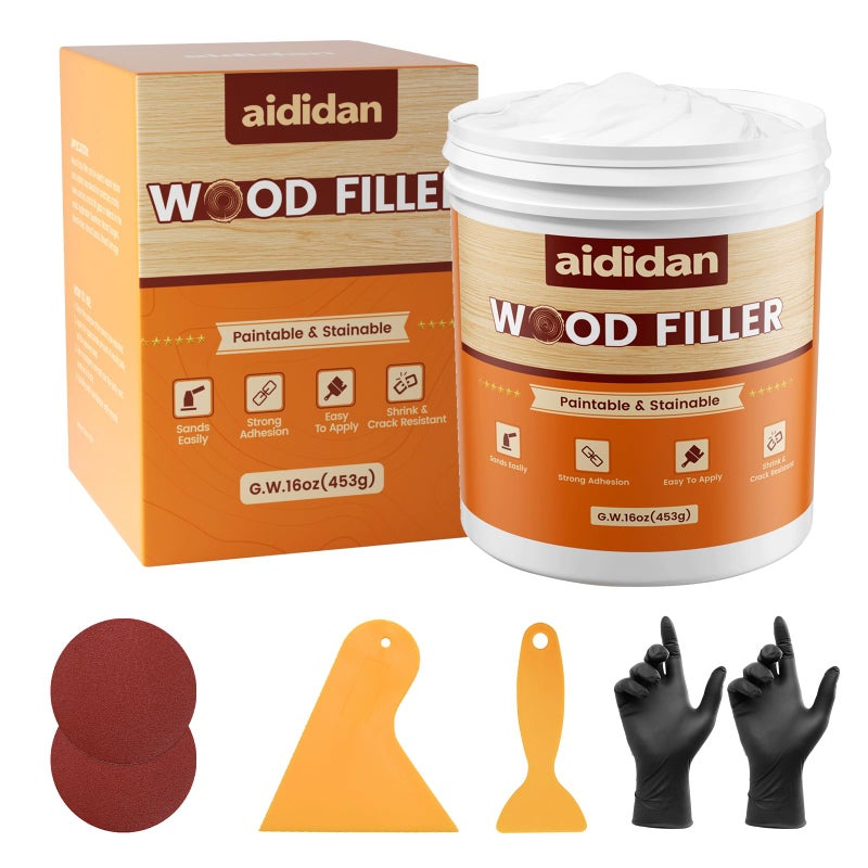 aididan Wood Filler, Wood Repair Kit, 16 Ounce Paintable & Stainable Wood Putty Filler, Wood Scratch Cracks Holes Repair Furniture, Exterior Wood Filler Water Resistant, Wood Putty (White) - Image 1