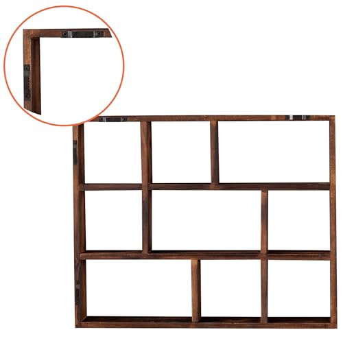 SOFE Small Brown Wood Shadow Box with Shelves, 3 Tier Wall Shelving Unit, 9-Compartment Wall Mounted Curio Cabinet, Knick Knack Display Shelf, Floating Cube Shelves for Walls, Shot Glass Display Case - Image 3