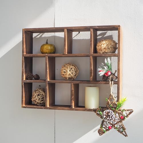 SOFE Small Brown Wood Shadow Box with Shelves, 3 Tier Wall Shelving Unit, 9-Compartment Wall Mounted Curio Cabinet, Knick Knack Display Shelf, Floating Cube Shelves for Walls, Shot Glass Display Case - Image 1