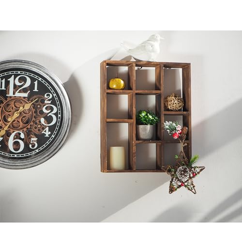 SOFE Small Brown Wood Shadow Box with Shelves, 3 Tier Wall Shelving Unit, 9-Compartment Wall Mounted Curio Cabinet, Knick Knack Display Shelf, Floating Cube Shelves for Walls, Shot Glass Display Case - Image 5