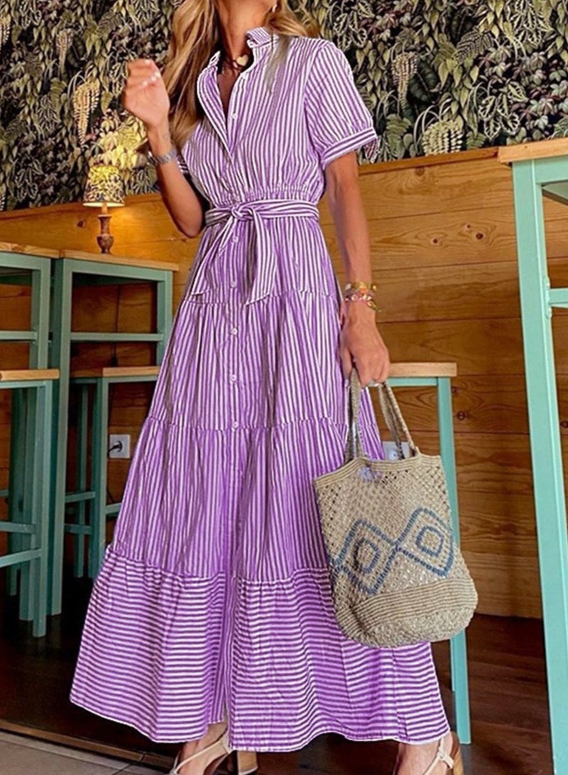 Shougu New Fashionable Striped Short Sleeved Loose Mid Length Dress  - Image 1