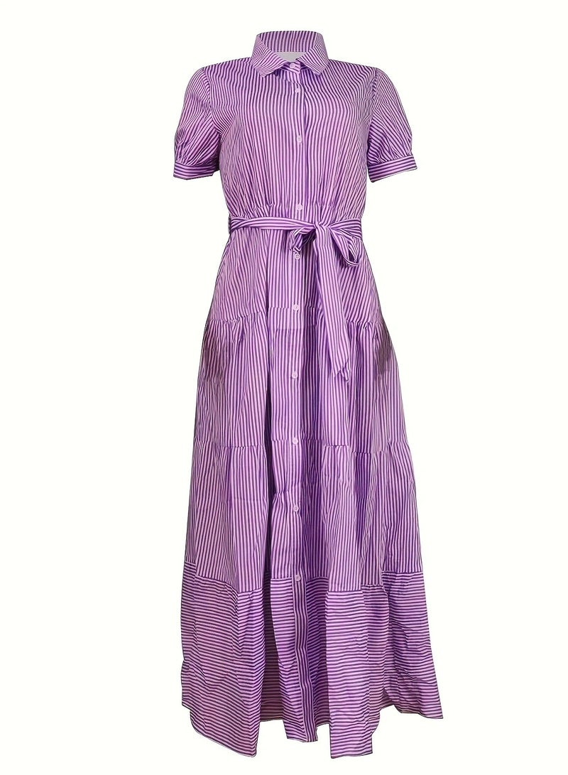 Shougu New Fashionable Striped Short Sleeved Loose Mid Length Dress  - Image 4