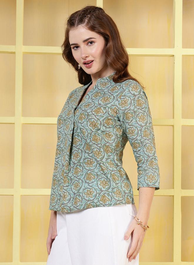 Rue Collection Women Green Geometric Print Cotton Top - Image 5