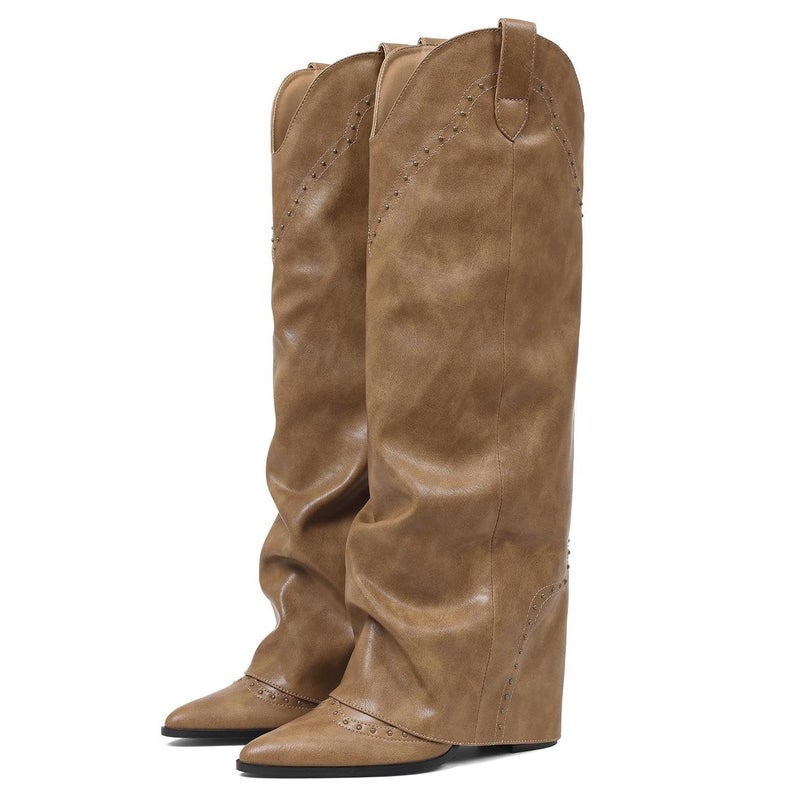EQAUDES Fall Knee High Boots for Women Fold Over Tall Cowgirl Boot - Studded, Snip Toe, Long, Fashion, Slouchy, Dress, Pull on, Leather Shark Boots - Image 1