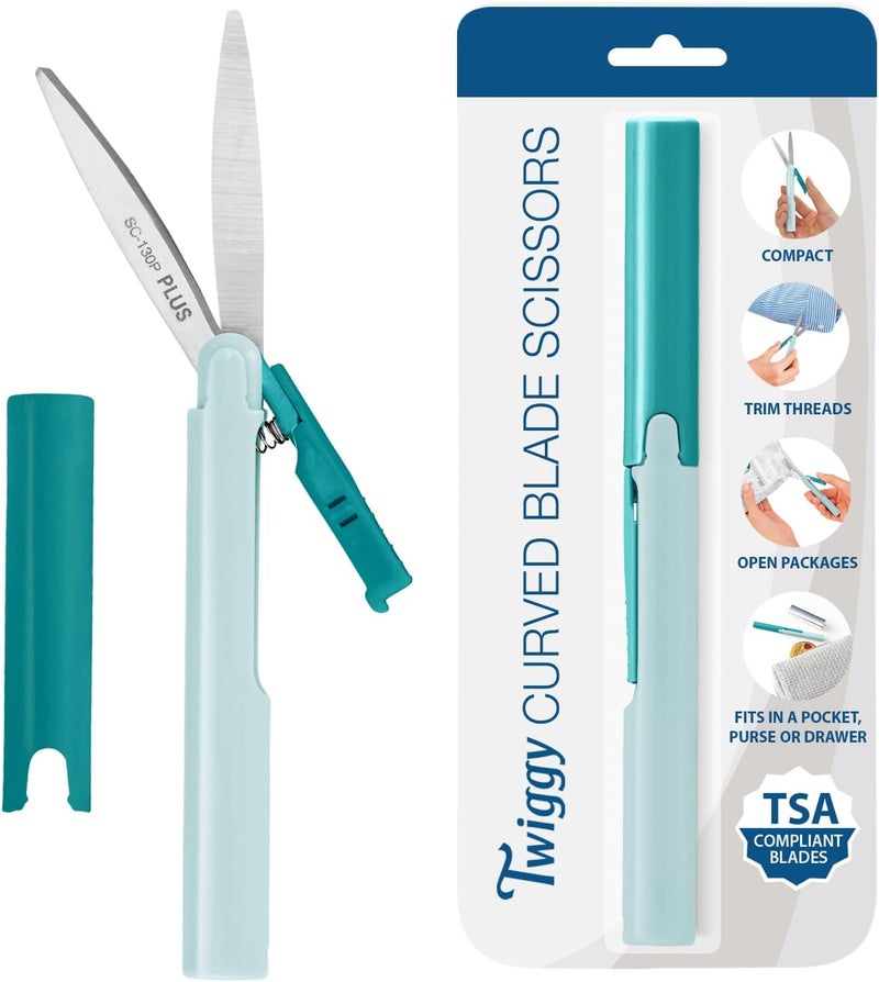 PLUS(ãƒ—ãƒ©ã‚¹) Pen Style Non-Stick Compact TSA Twiggy Scissors with Cover, Turquoise - Image 1