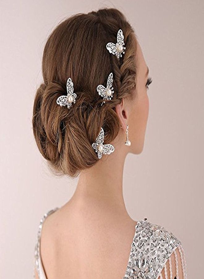Yueton Pack Of 20 Butterfly Pearl Crystal Hair Pin Bride Headwear Hair Accessories (Silver) - Image 2