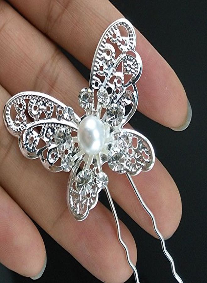 Yueton Pack Of 20 Butterfly Pearl Crystal Hair Pin Bride Headwear Hair Accessories (Silver) - Image 5
