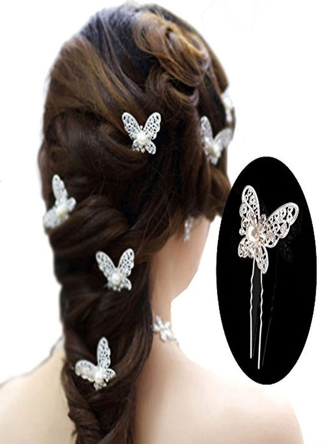 Yueton Pack Of 20 Butterfly Pearl Crystal Hair Pin Bride Headwear Hair Accessories (Silver) - Image 1