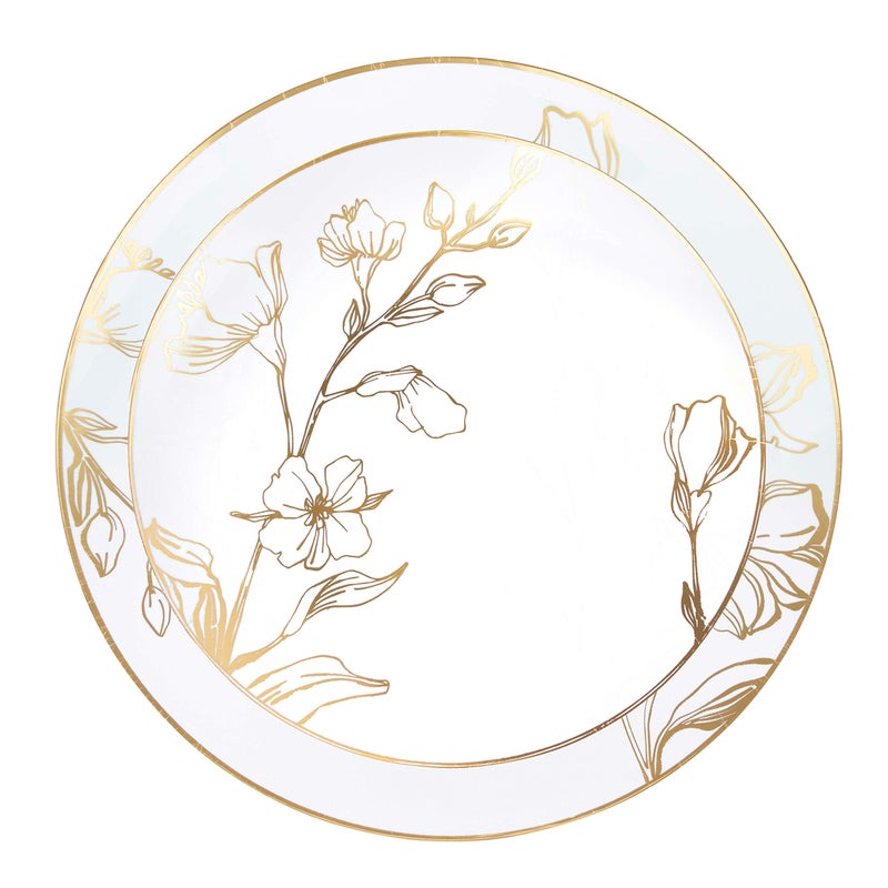 PLASTICPRO 32 Piece Combo Plates Set includes 16-7'' inch Plates & 16-10'' inch Plate White Plastic Floral Design Party With Gold Rim  Premium heavyweight Elegant Dishes - Image 1