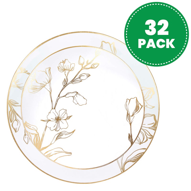 PLASTICPRO 32 Piece Combo Plates Set includes 16-7'' inch Plates & 16-10'' inch Plate White Plastic Floral Design Party With Gold Rim  Premium heavyweight Elegant Dishes - Image 2
