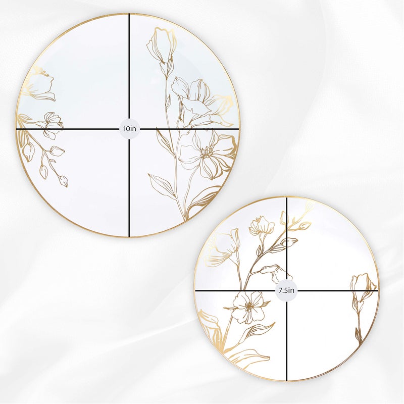PLASTICPRO 32 Piece Combo Plates Set includes 16-7'' inch Plates & 16-10'' inch Plate White Plastic Floral Design Party With Gold Rim  Premium heavyweight Elegant Dishes - Image 3
