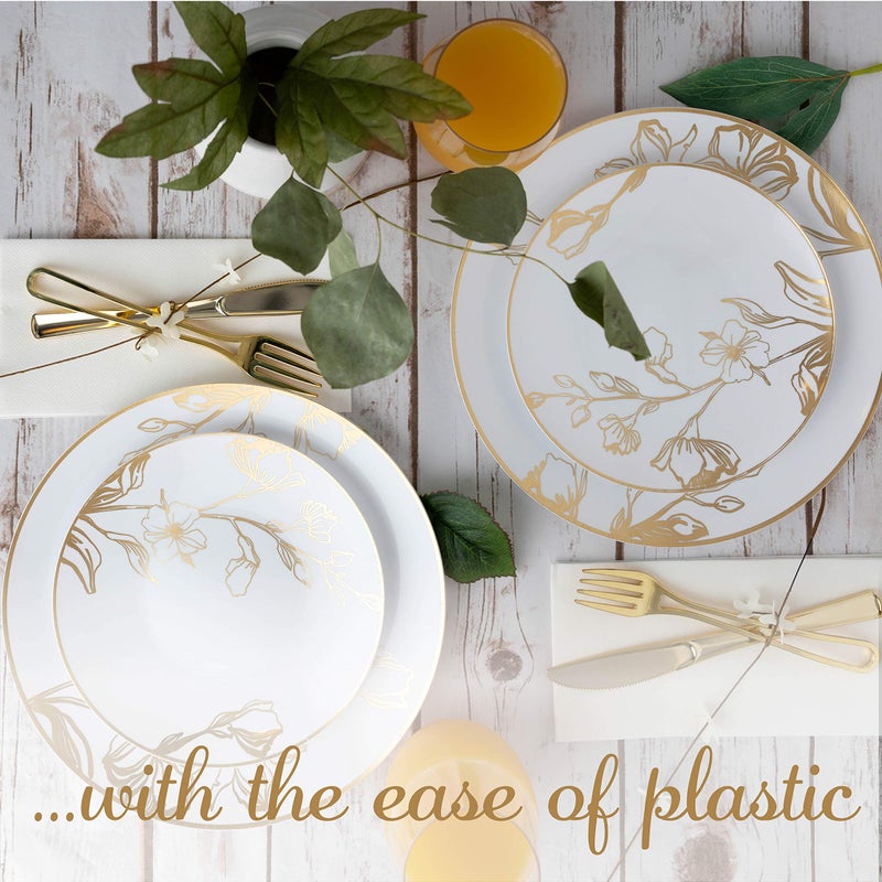 PLASTICPRO 32 Piece Combo Plates Set includes 16-7'' inch Plates & 16-10'' inch Plate White Plastic Floral Design Party With Gold Rim  Premium heavyweight Elegant Dishes - Image 5