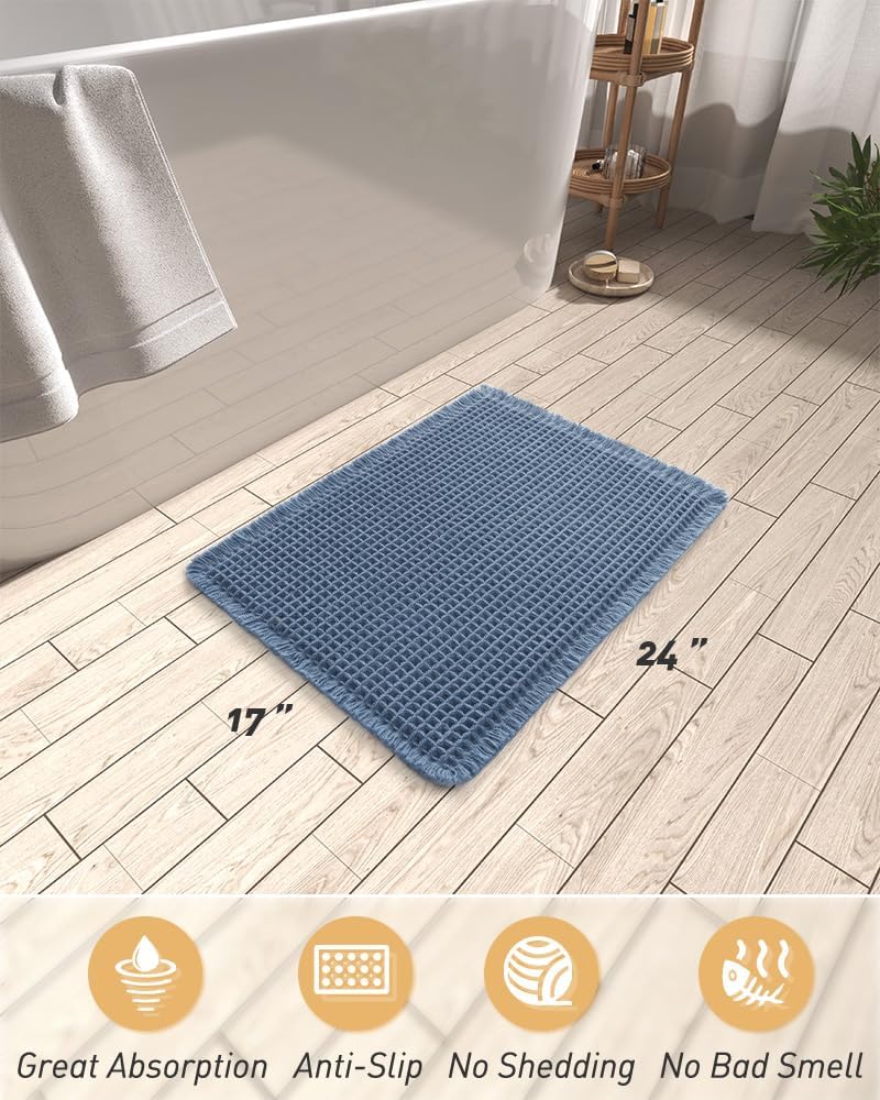 AMOAMI Upgraded Waffle Bath Mat, Super Absorbent Non Slip Bath Mats for Bathroom Floor, Machine Washable Bathroom Rugs with Tassels, Rubber Backed Bathroom Mats, Ultra Soft, 17" x 24", Blue - Image 2