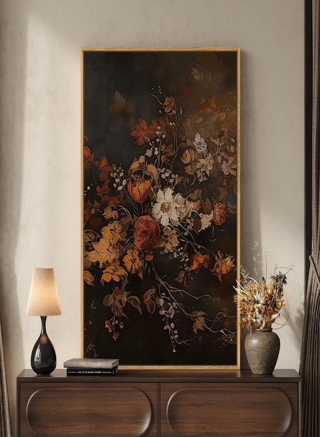 Cuspin Framed Vintage Floral Wall Art for Room Decor, Retro Dark Moody Flower Canvas Artwork for Walls, Vertical Antique Botanical Painting Print for Living Room Bedroom Hallway Office Wall Decor, 24x36 Inch - Image 1