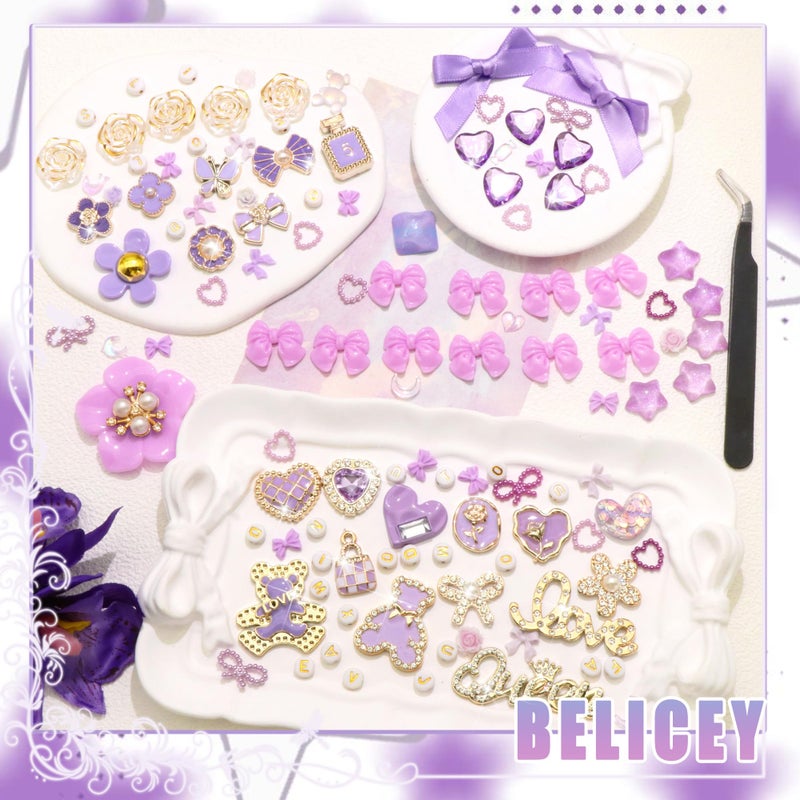 BELICEY Junk Case Charms Kit Purple Bow Flower Butterfly Charms for Junk Cases Resin Bear Heart Rose Cell Phone Case Charm 3D Star Big Charm for Customizing DIY Craft Accessories - Image 5