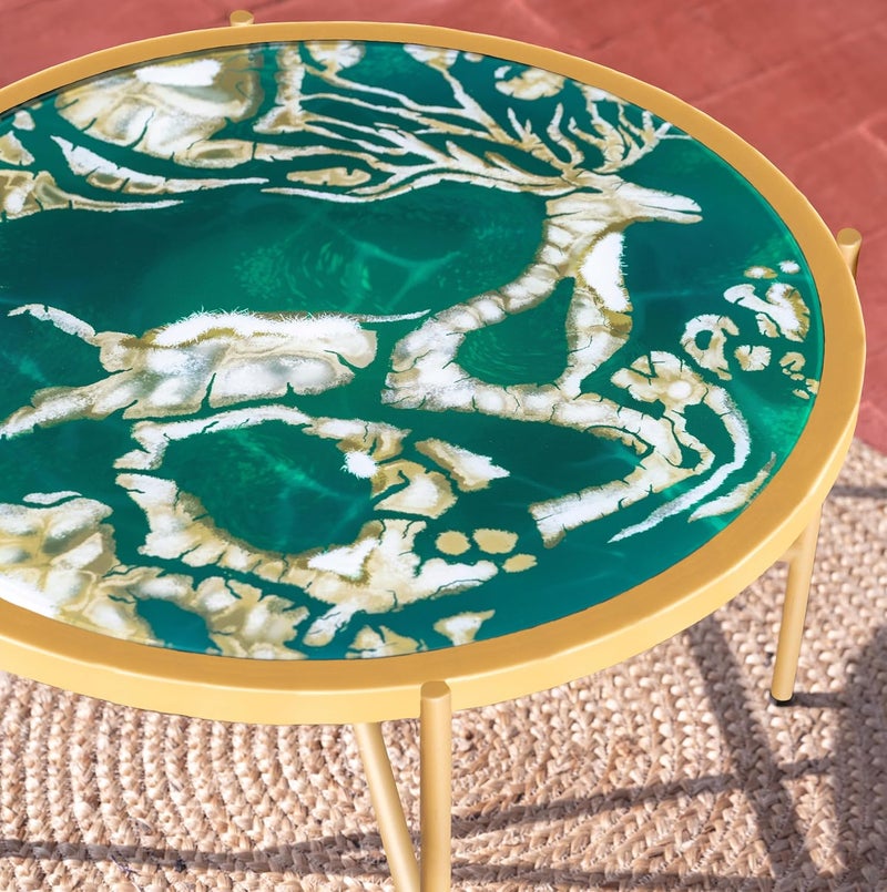 D'ORABLE Dorable Let Them Fawn Over Round Coffee Table for Living Room Small Space Reception Room Apartment Green Top Gold Base 