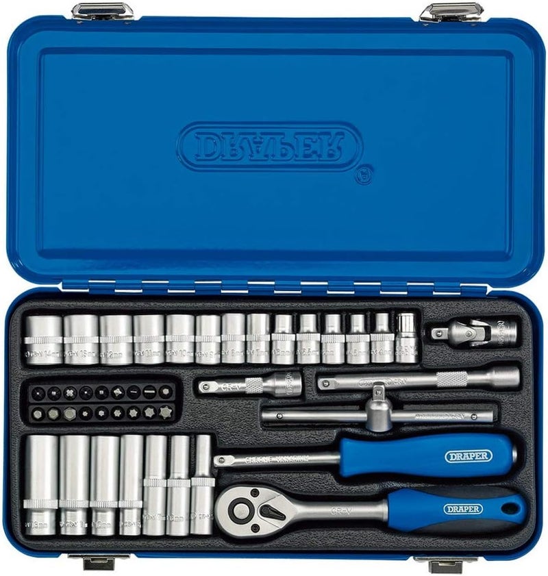 Draper 1/4" 45 Piece Square Drive Metric Socket Set with Metal Storage Case