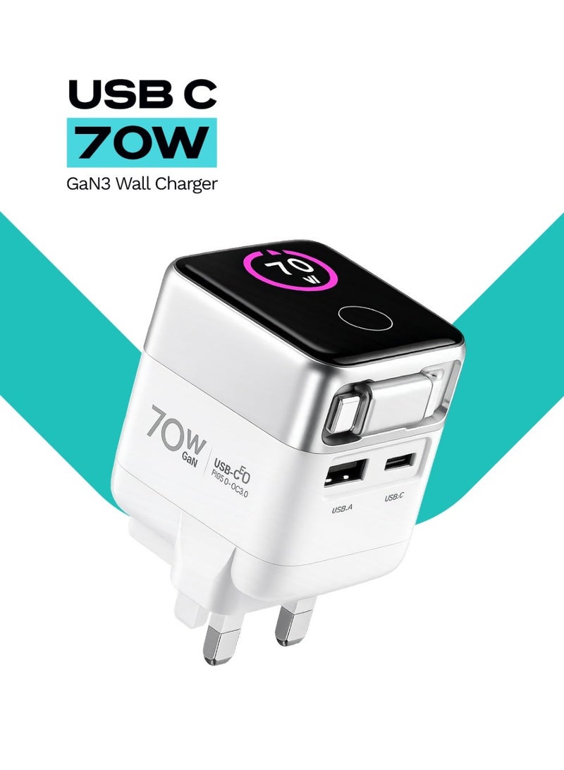 لووب شاحن حائطي LOOP 70W GaN3 مزود بكابل USB-C قابل للسحب، وشحن سريع بتقنيتي PD وQC، متوافق مع أجهزة MacBook وiPhone وSamsung - Image 1
