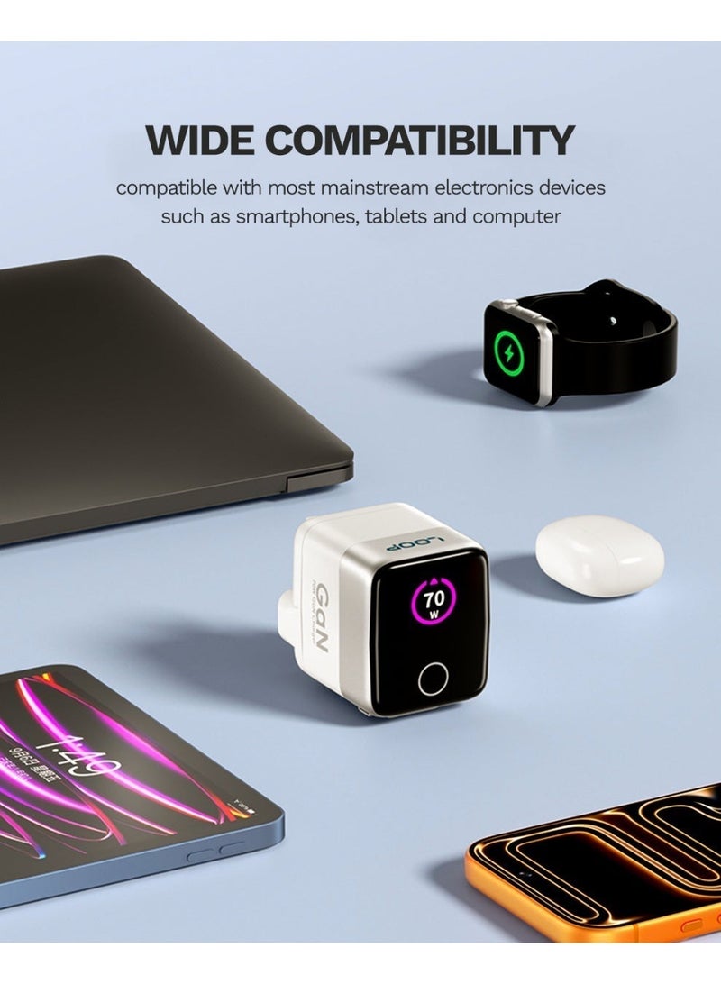 لووب شاحن حائطي LOOP 70W GaN3 مزود بكابل USB-C قابل للسحب، وشحن سريع بتقنيتي PD وQC، متوافق مع أجهزة MacBook وiPhone وSamsung - Image 5
