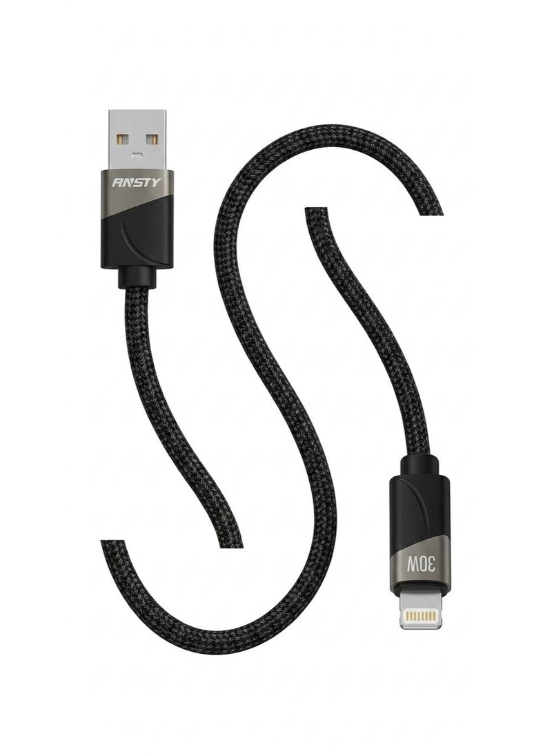 انستي ANSTY شاحن ايفون فائق السرعة والطرف USB بقدرة 30 واط (1 متر) - سلك مصنوع من السيليكون المقاوم للحريق- للشحن ونقل البيانات - S-064-I - Image 1