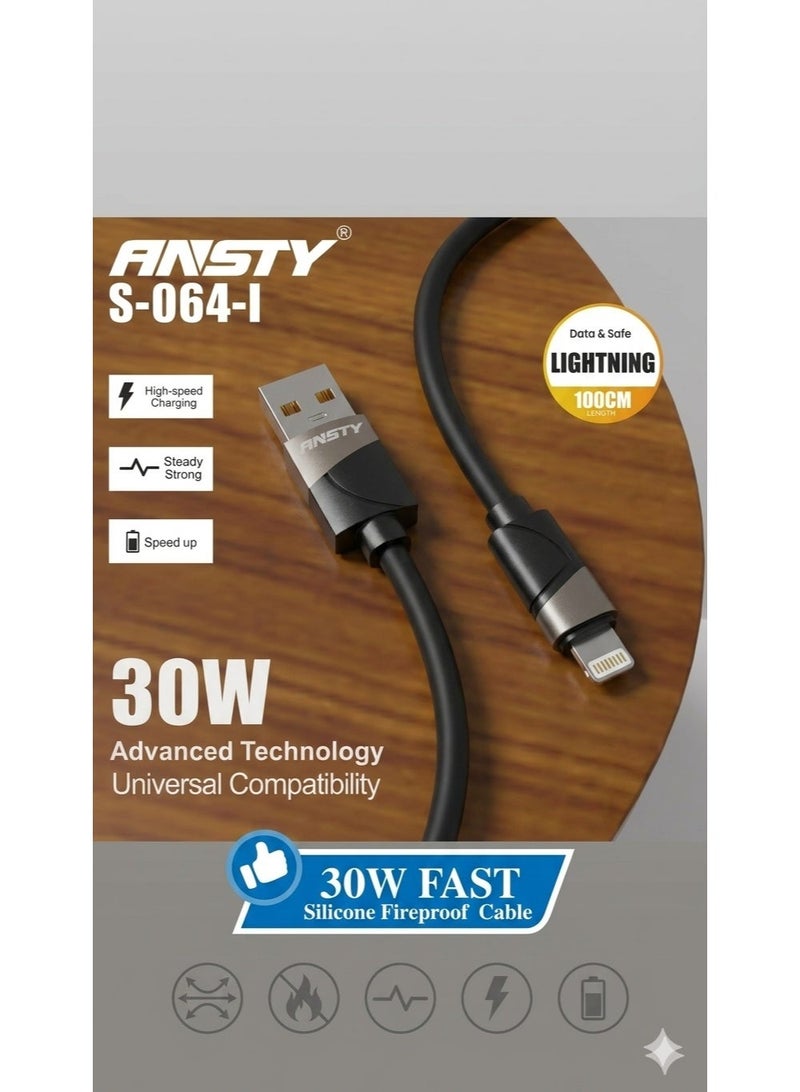 انستي ANSTY شاحن ايفون فائق السرعة والطرف USB بقدرة 30 واط (1 متر) - سلك مصنوع من السيليكون المقاوم للحريق- للشحن ونقل البيانات - S-064-I - Image 2