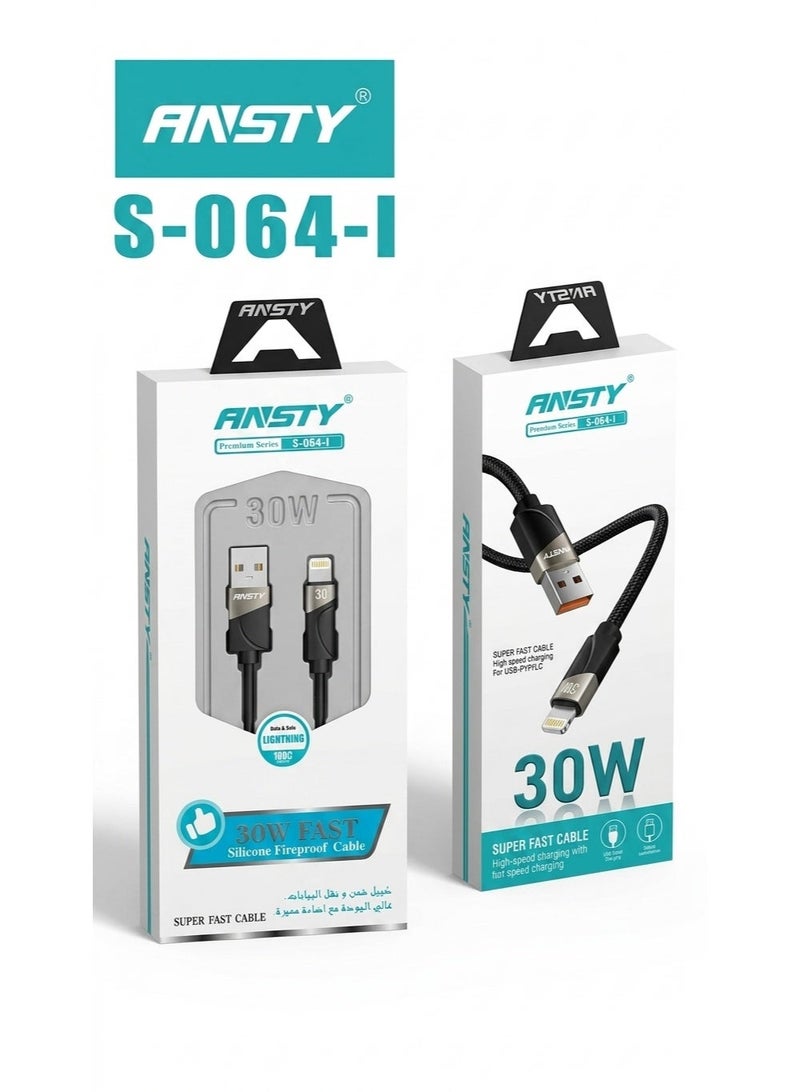 انستي ANSTY شاحن ايفون فائق السرعة والطرف USB بقدرة 30 واط (1 متر) - سلك مصنوع من السيليكون المقاوم للحريق- للشحن ونقل البيانات - S-064-I - Image 3