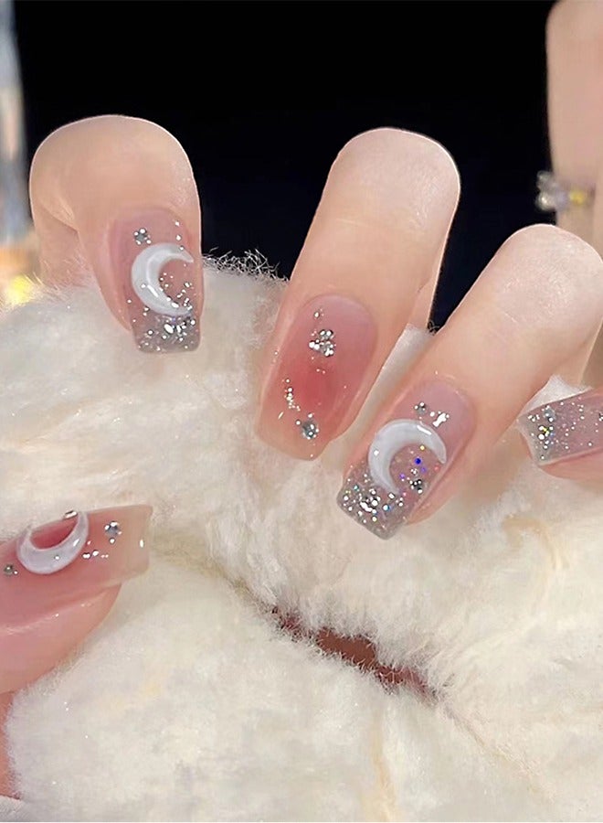 NIBEMINENT 24Pcs Fake Nails, Press Nails In Box,Mid-length Flat head shaped Solid Pink Color Shiny Nail Art,Little Zircon,3D White Moon Zircon, Fake Nail Patch  - Image 1