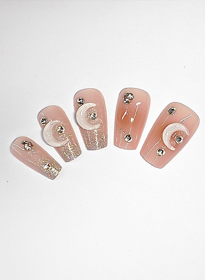 NIBEMINENT 24Pcs Fake Nails, Press Nails In Box,Mid-length Flat head shaped Solid Pink Color Shiny Nail Art,Little Zircon,3D White Moon Zircon, Fake Nail Patch  - Image 2