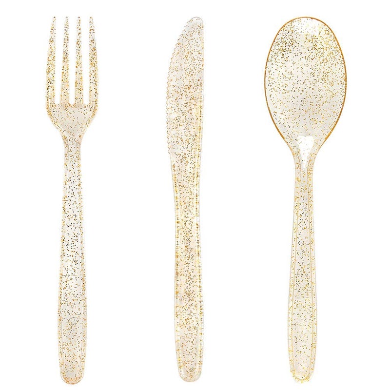WDF 360 Silver Plastic Silverware Disposable Silver Glitter Plastic Cutlery Disposable Silverware including 120Forks 120Spoons 120Knives for Christmas