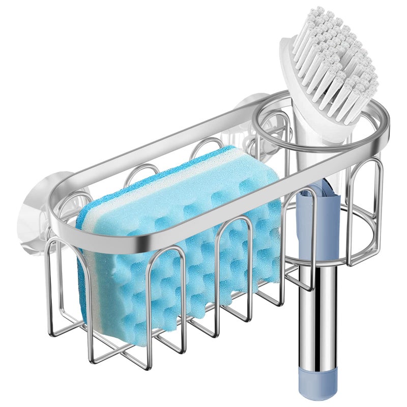 Yazoni 2-in-1 Sponge Holder for Kitchen Sink  Suction Cup Rack/Caddy  No Drill Rustproof Organizer for Place Dishwashing Brush Soap (Silver) - Image 1