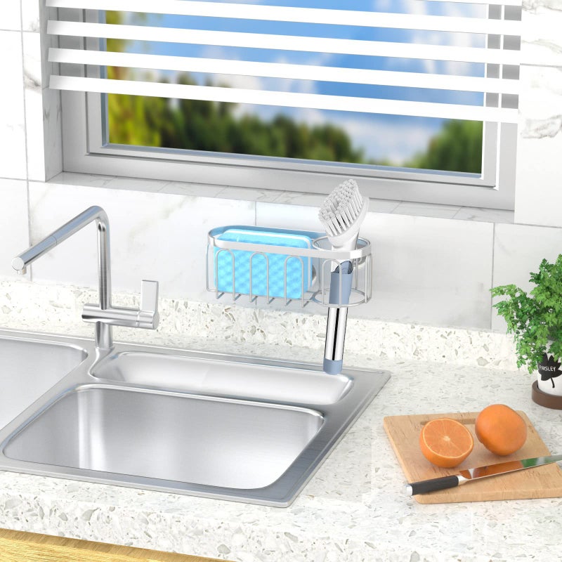 Yazoni 2-in-1 Sponge Holder for Kitchen Sink  Suction Cup Rack/Caddy  No Drill Rustproof Organizer for Place Dishwashing Brush Soap (Silver) - Image 4