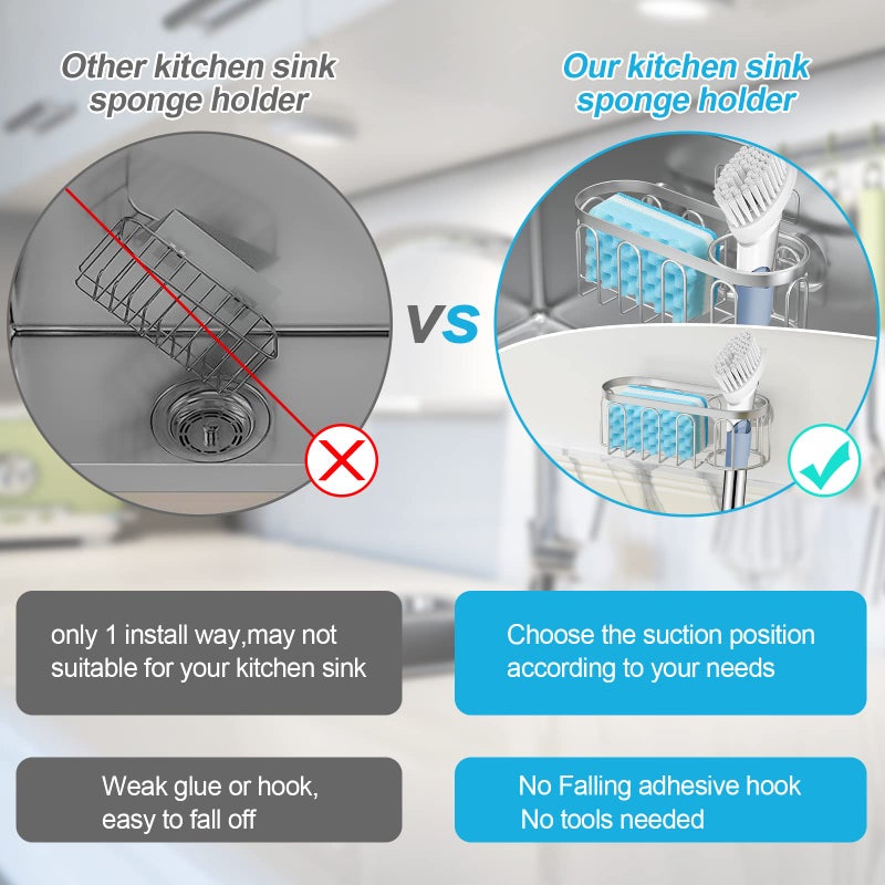 Yazoni 2-in-1 Sponge Holder for Kitchen Sink  Suction Cup Rack/Caddy  No Drill Rustproof Organizer for Place Dishwashing Brush Soap (Silver) - Image 3