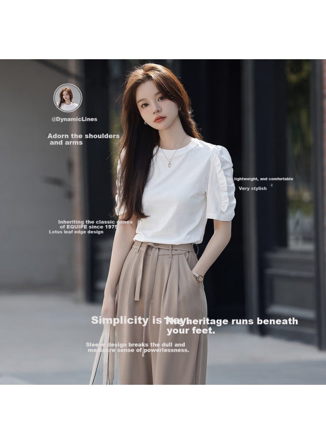 Mt [korean Sweet Style] Summer All-cotton Puff Sleeve Ruffle Trim Round Neck T-shirt - Image 1