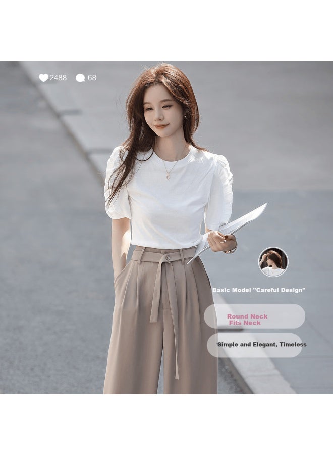 Mt [korean Sweet Style] Summer All-cotton Puff Sleeve Ruffle Trim Round Neck T-shirt - Image 3