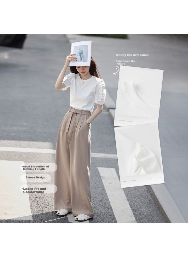 Mt [korean Sweet Style] Summer All-cotton Puff Sleeve Ruffle Trim Round Neck T-shirt - Image 4