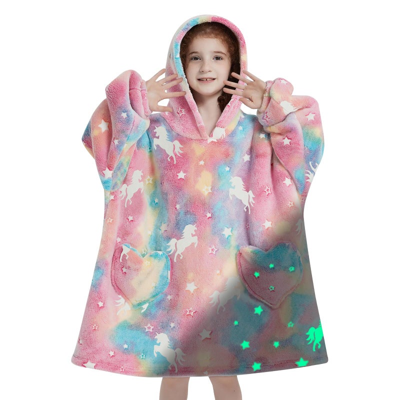 Fiosnow Glow in the Dark Unicorn Blanket Hoodies for Kids 6-13YR Oversize Wearable Blanket Hoodies for Boys Girls Teens - Image 1