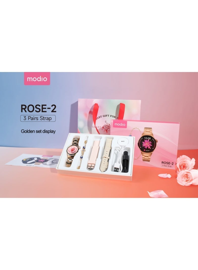 modio ROSE-2 Luxury Smartwatch for Women with Touchscreen Display, Heart Rate Monitor, Fitness Tracker, Sleep Tracking, Bluetooth Connectivity, Elegant Design with Bonus Evil Eye Bracelet - Image 2