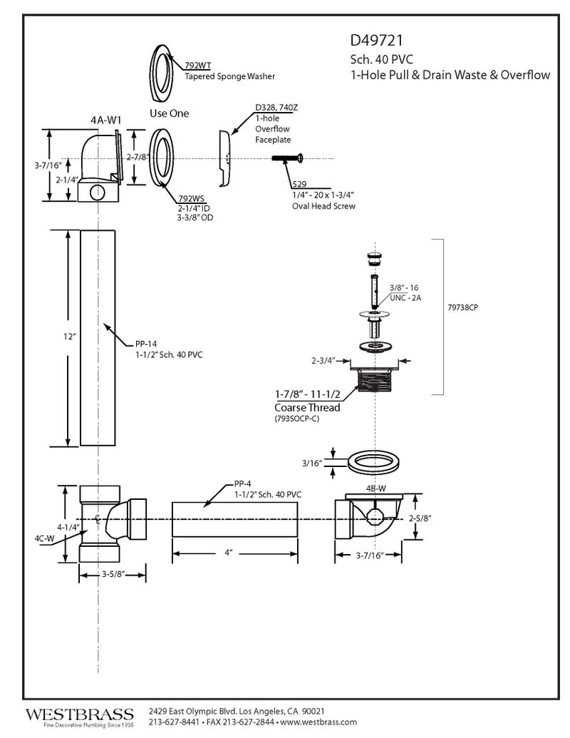 ويست براس Westbrass سحب واستنزاف Sch. 40 نفايات حمام من مادة PVC مع كوع علوي بفتحة واحدة، لون أسود غير لامع D49721-62 - Image 2