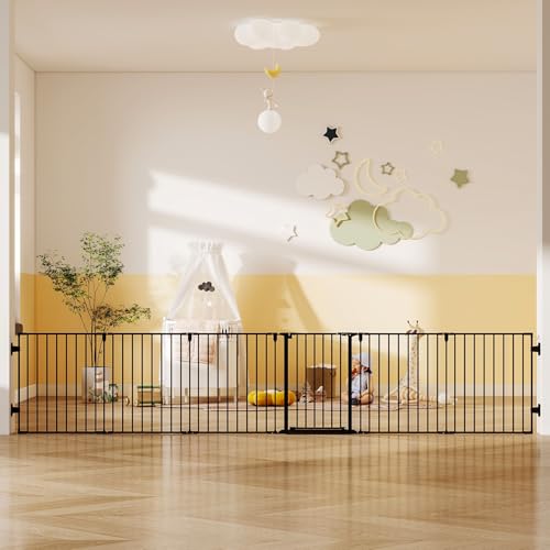 Cideny 144" Extra Wide Baby Gate with Door, Configurable 6 Panels Baby Fence, Fireplace Gate with Anti-Trip Pedal, Family Essentials Safety Gate for Child Dogs Pets, 28'' Tall Black - Image 1
