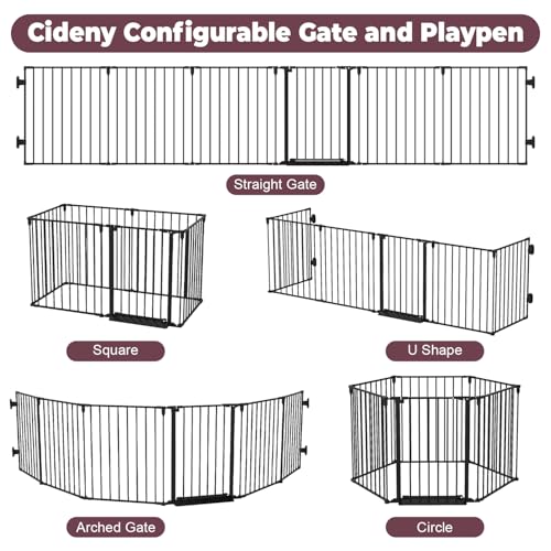 Cideny 144" Extra Wide Baby Gate with Door, Configurable 6 Panels Baby Fence, Fireplace Gate with Anti-Trip Pedal, Family Essentials Safety Gate for Child Dogs Pets, 28'' Tall Black - Image 2