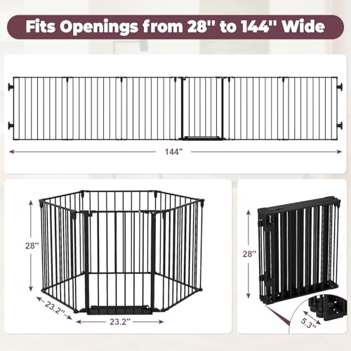 Cideny 144" Extra Wide Baby Gate with Door, Configurable 6 Panels Baby Fence, Fireplace Gate with Anti-Trip Pedal, Family Essentials Safety Gate for Child Dogs Pets, 28'' Tall Black - Image 3