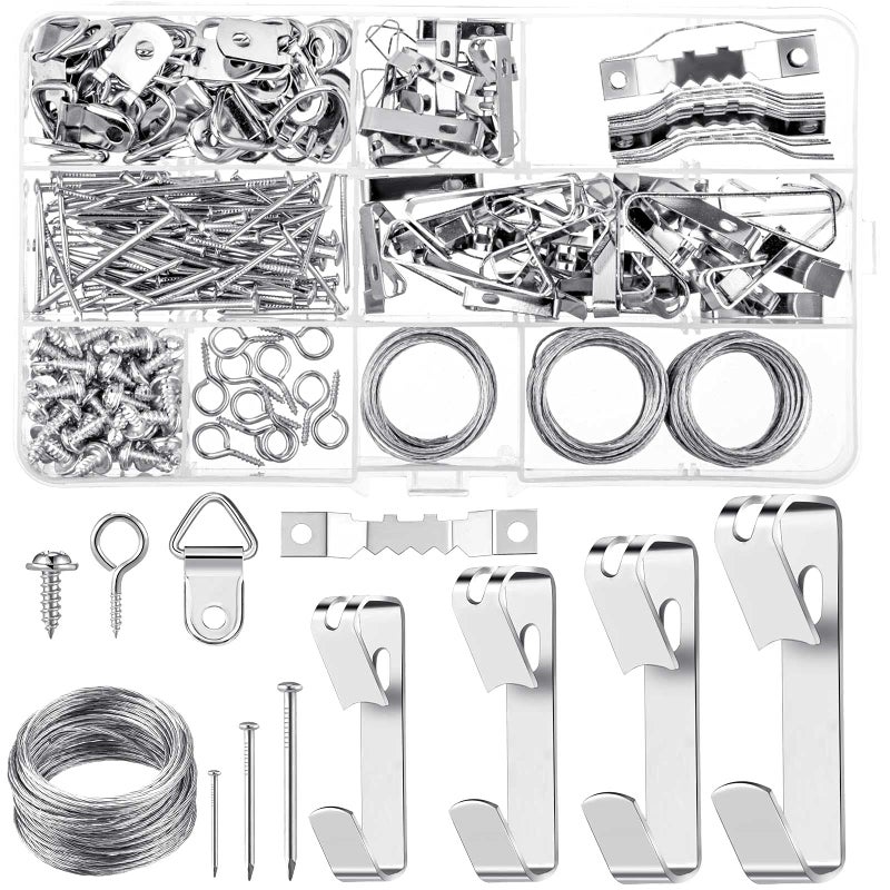 Assorted Picture Hangers Picture Hanging Kit Wall Kit 246 Pieces Include Nails Hanging Wire Screw Eyes D Ring Serrated Hook for Hardware Mounting Photo FramesSilver