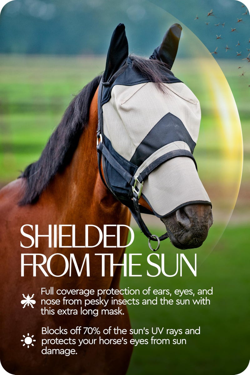 HORZE Horse Fly Mask with Nose Cover and Ears | Durable Micro Mesh with UV Protection - Light Brown/Black - Horse - Image 4
