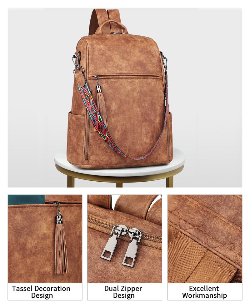 FADEON Leather Laptop Backpack for Women Designer 15.6 inch PU Laptop Bag, Ladies Travel Computer Work Backpack Brown - Image 3