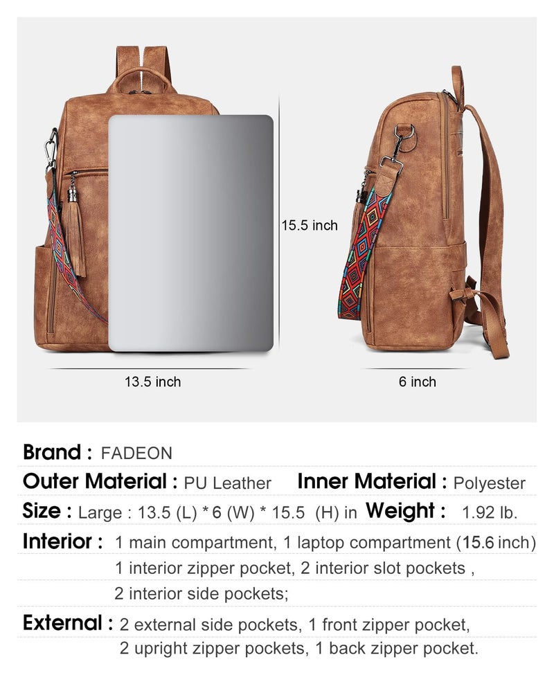 FADEON Leather Laptop Backpack for Women Designer 15.6 inch PU Laptop Bag, Ladies Travel Computer Work Backpack Brown - Image 2