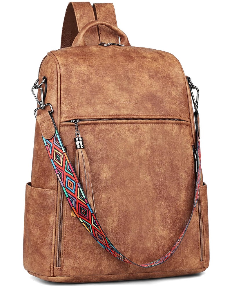FADEON Leather Laptop Backpack for Women Designer 15.6 inch PU Laptop Bag, Ladies Travel Computer Work Backpack Brown - Image 1
